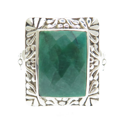 925 Sterling Silver Real Checkered Emerald Gemstone Ornate Frame Ring Size 8