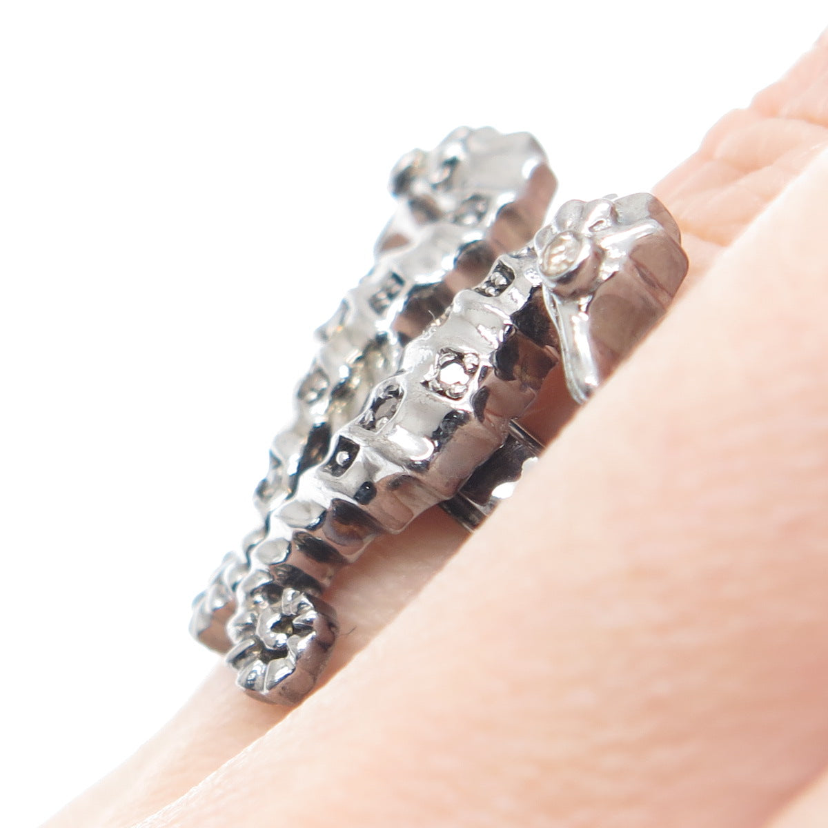 925 Sterling Silver Black Rhodium 2-Tone Real Diamond Seahorses Ring Size 7.25
