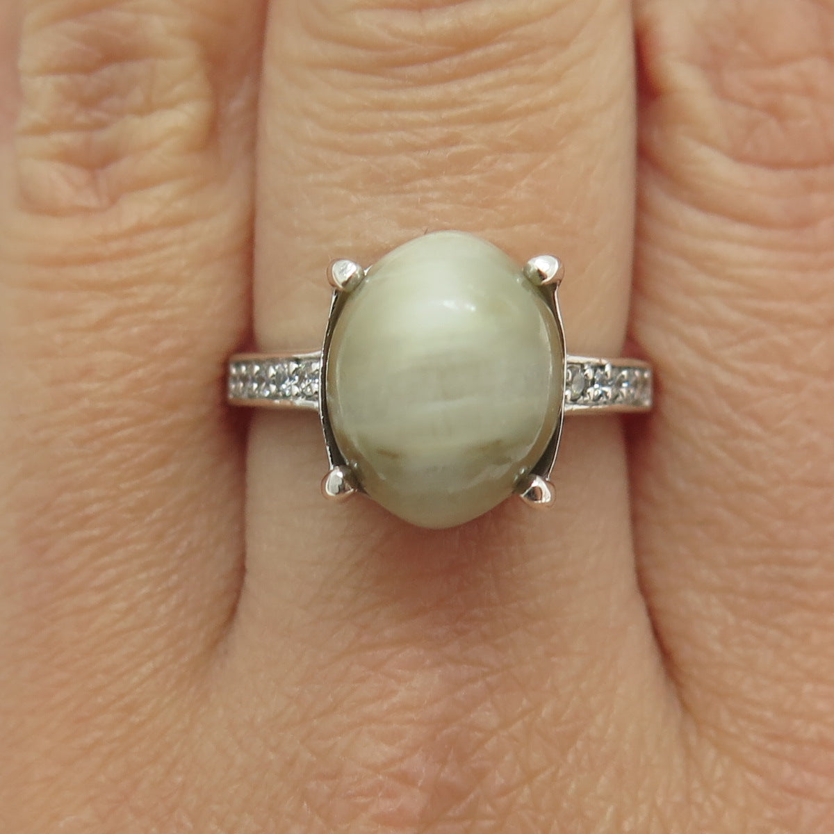 925 Sterling Silver Real Cabochon Prehnite & Round-Cut C Z Ring Size 9
