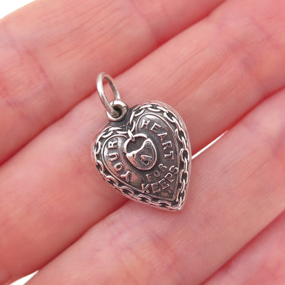 925 Sterling Antique Art Deco Your Heart for Keeps Chatelaine Charm Pendant