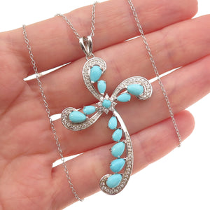 925 Sterling Silver Real Turquoise & White Topaz Cross Cable Chain Necklace 18"