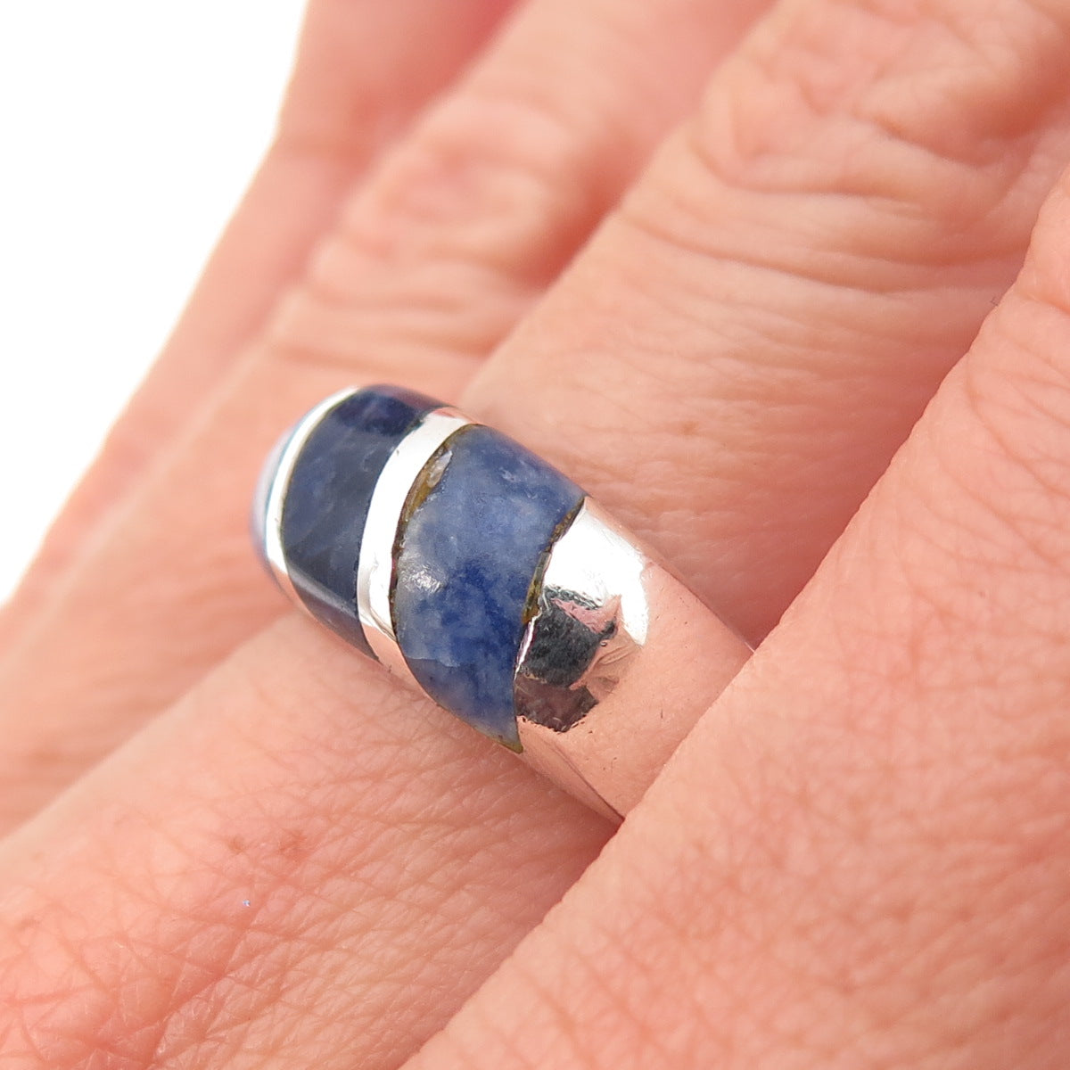 925 Sterling Silver Vintage Mexico Real Lapis & Sodalite Oxidized Ring Size 7.5