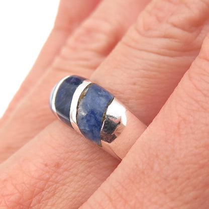 925 Sterling Silver Vintage Mexico Real Lapis & Sodalite Oxidized Ring Size 7.5
