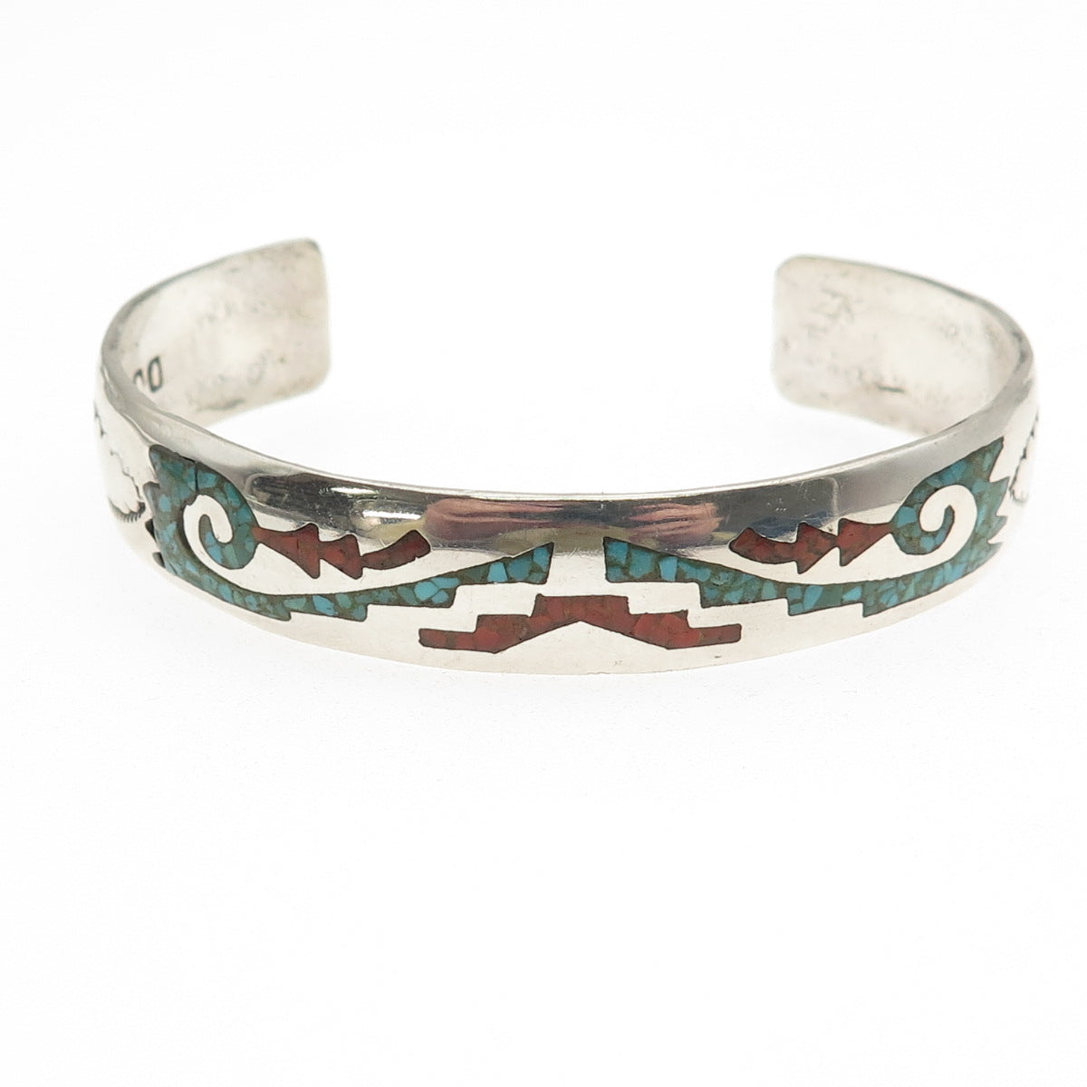 Delvin Nelson Navajo Old Pawn 925 Sterling Turquoise & Coral Inlay Bracelet 6.5"