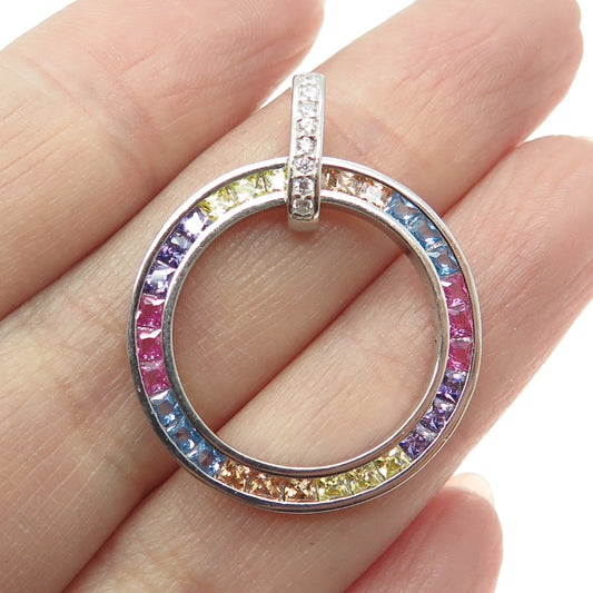 925 Sterling Silver Multi-Color C Z Rainbow Circle of Life Pendant