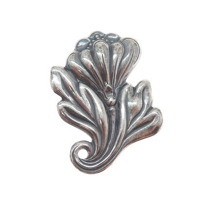 925 Sterling Silver Vintage Flower Leaf Ribbed Oxidized Pin Brooch