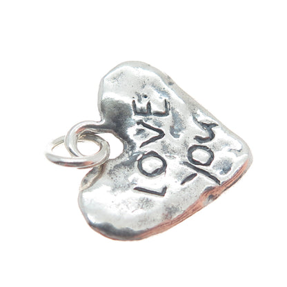 925 Sterling Silver Vintage Love You Hammered Heart Oxidized Charm Pendant