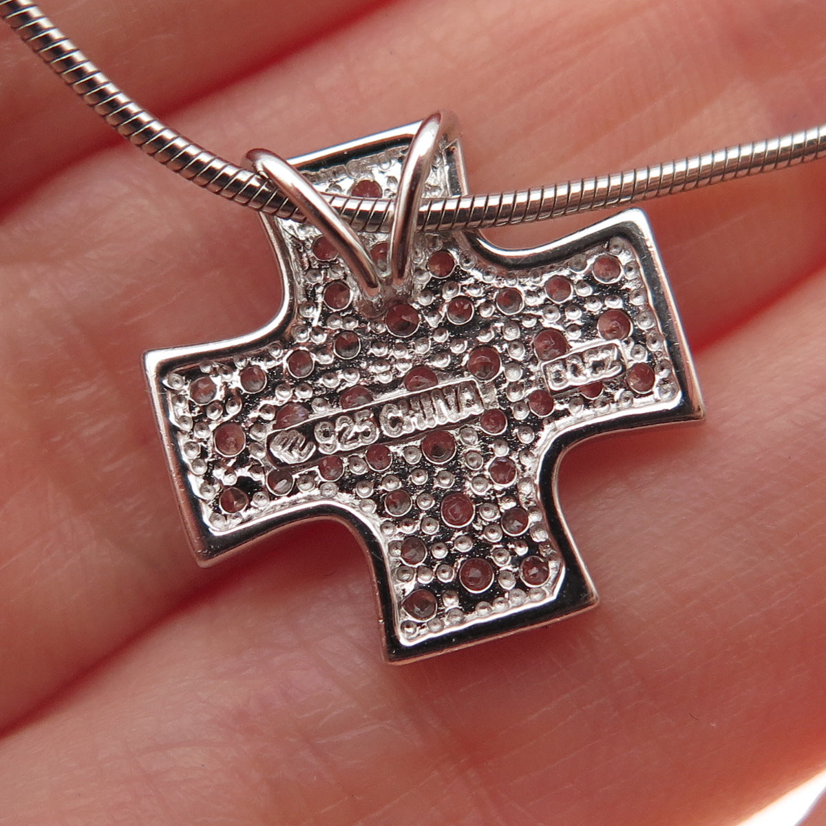 925 Sterling Silver Italy Round-Cut C Z Cross Snake Chain Necklace 18"