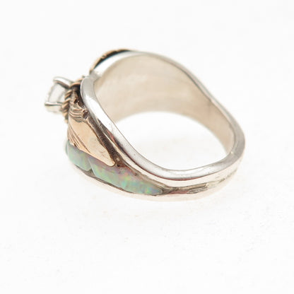 Silver Ray Navajo Old Pawn 925 Sterling 2-Tone Vintage Opal & C Z Ring Size 6