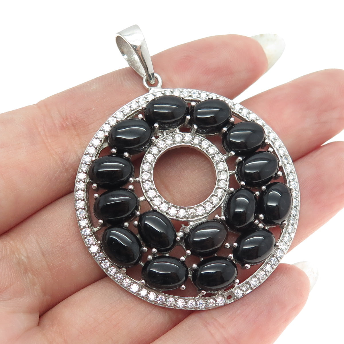 925 Sterling Silver Real Black Onyx & C Z Round Cluster Pendant