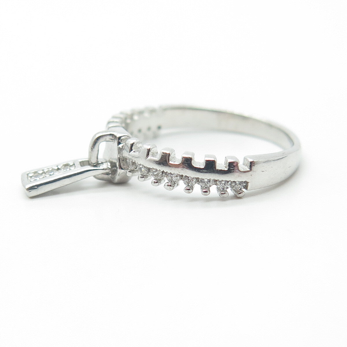 925 Sterling Silver White C Z Zipper Half-Eternity Charm Ring Size 5.25