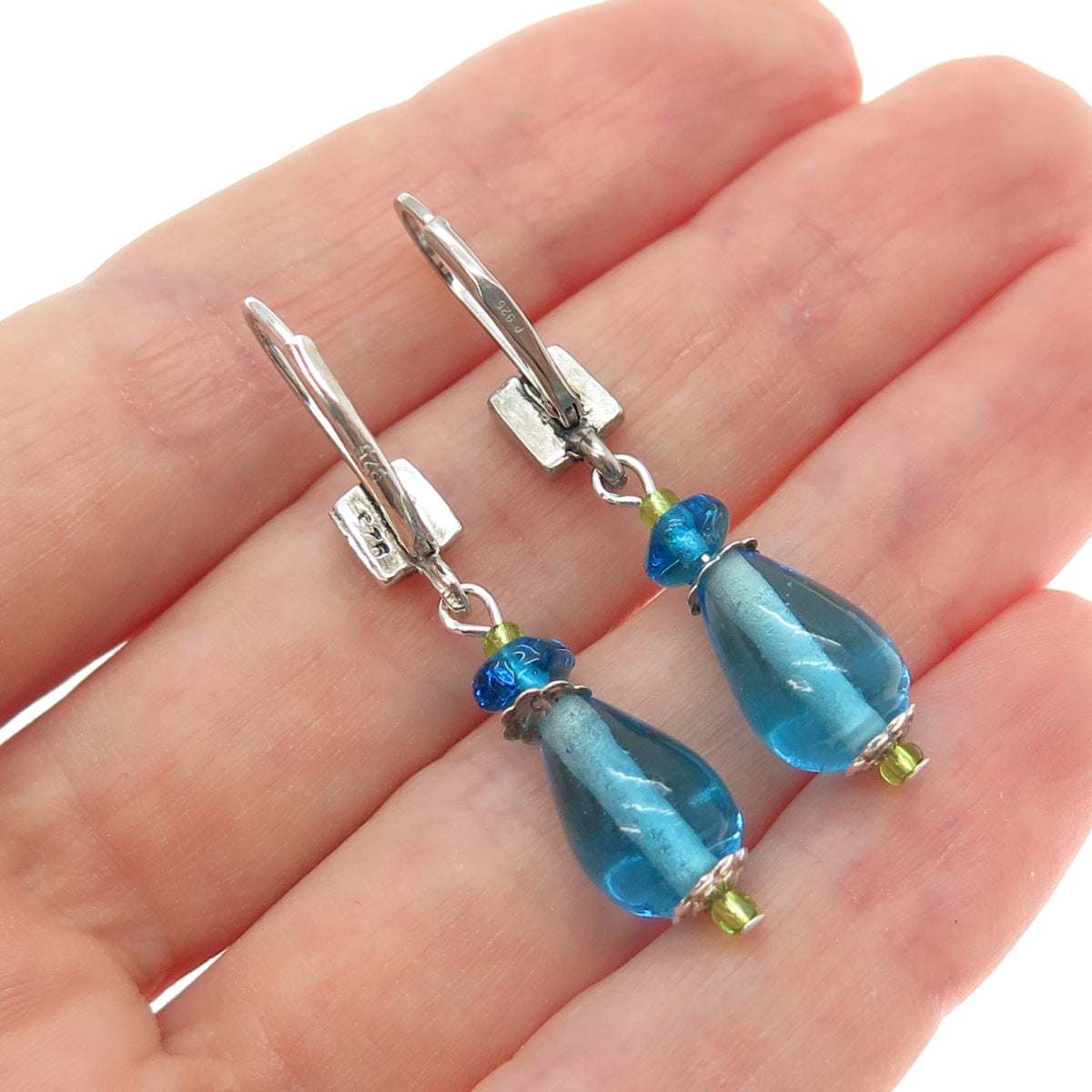 925 Sterling Silver Vintage Blue Glass Modernist Teardrop Dangle Earrings