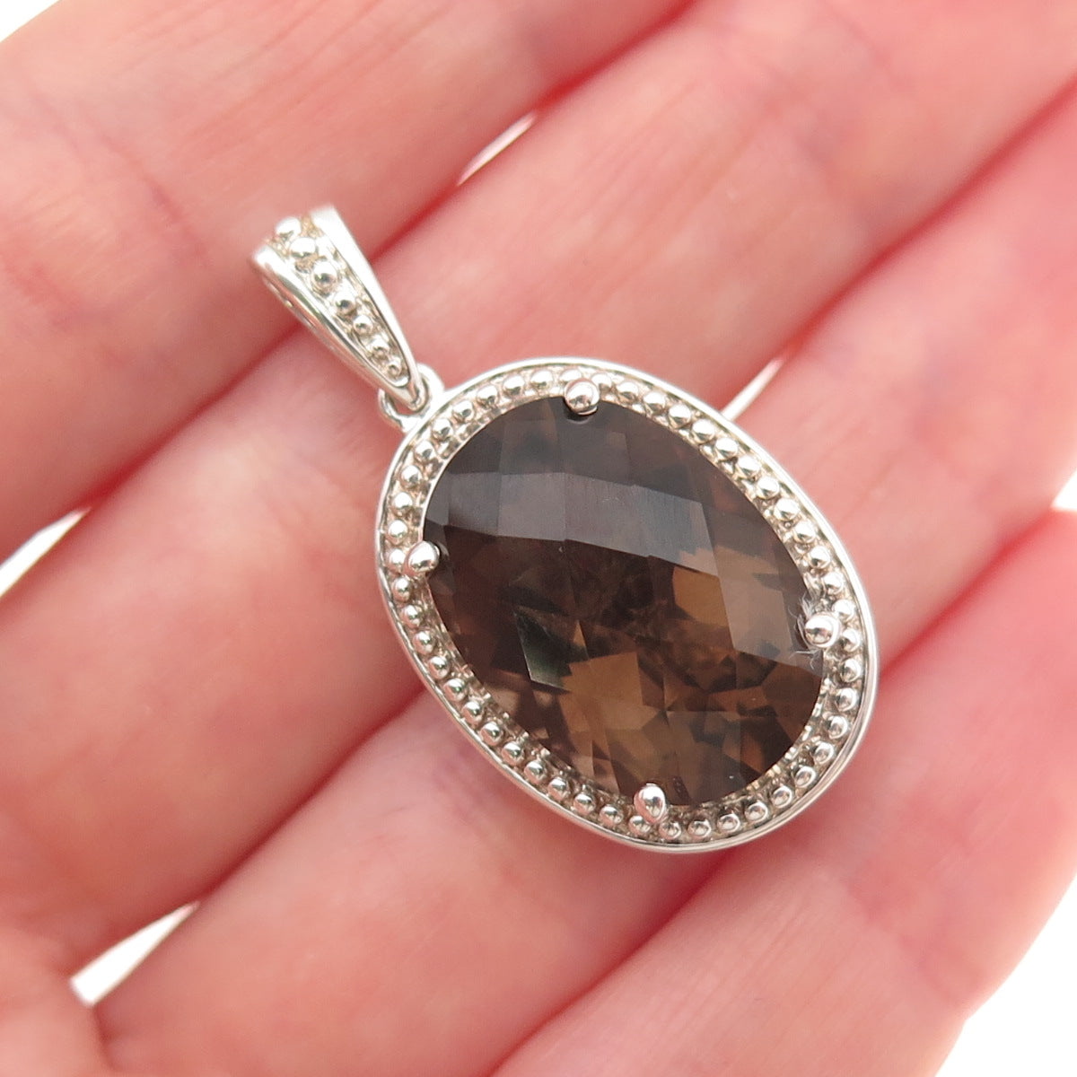 MICHELLE ALBALA 925 Sterling Silver Real Champagne Diamond Smoky Quartz Pendant