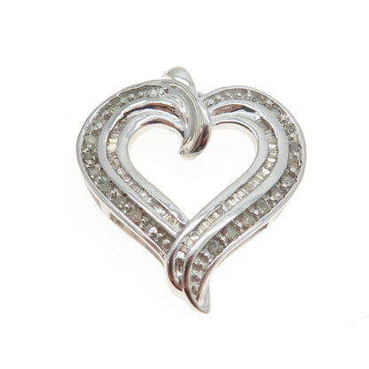 925 Sterling Silver Real Round & Baguette-Cut Diamond Heart Pendant