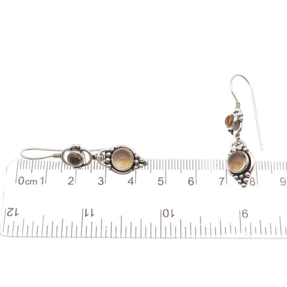 925 Sterling Silver Vintage Real Yellow Quartz Beaded Oxidized Dangle Earrings