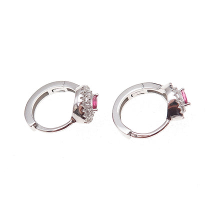 925 Sterling Silver Pink & White C Z Hoop Earrings