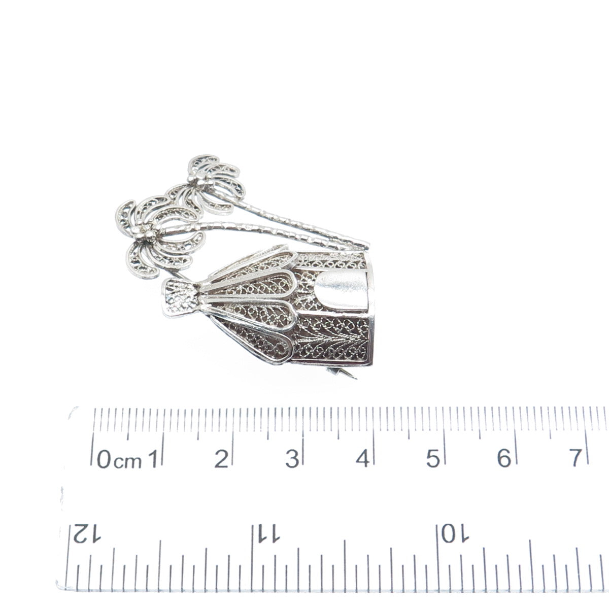925 Sterling Silver Vintage Bungalow & Palm Tree Filigree Pin Brooch