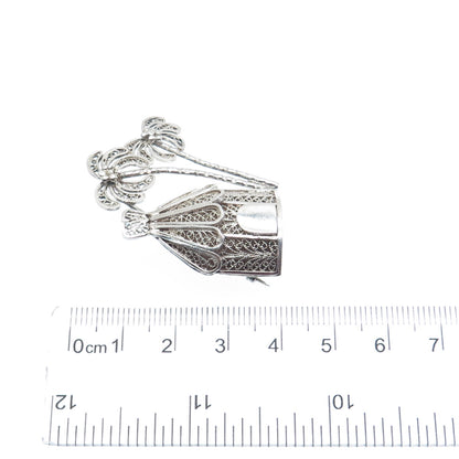 925 Sterling Silver Vintage Bungalow & Palm Tree Filigree Pin Brooch