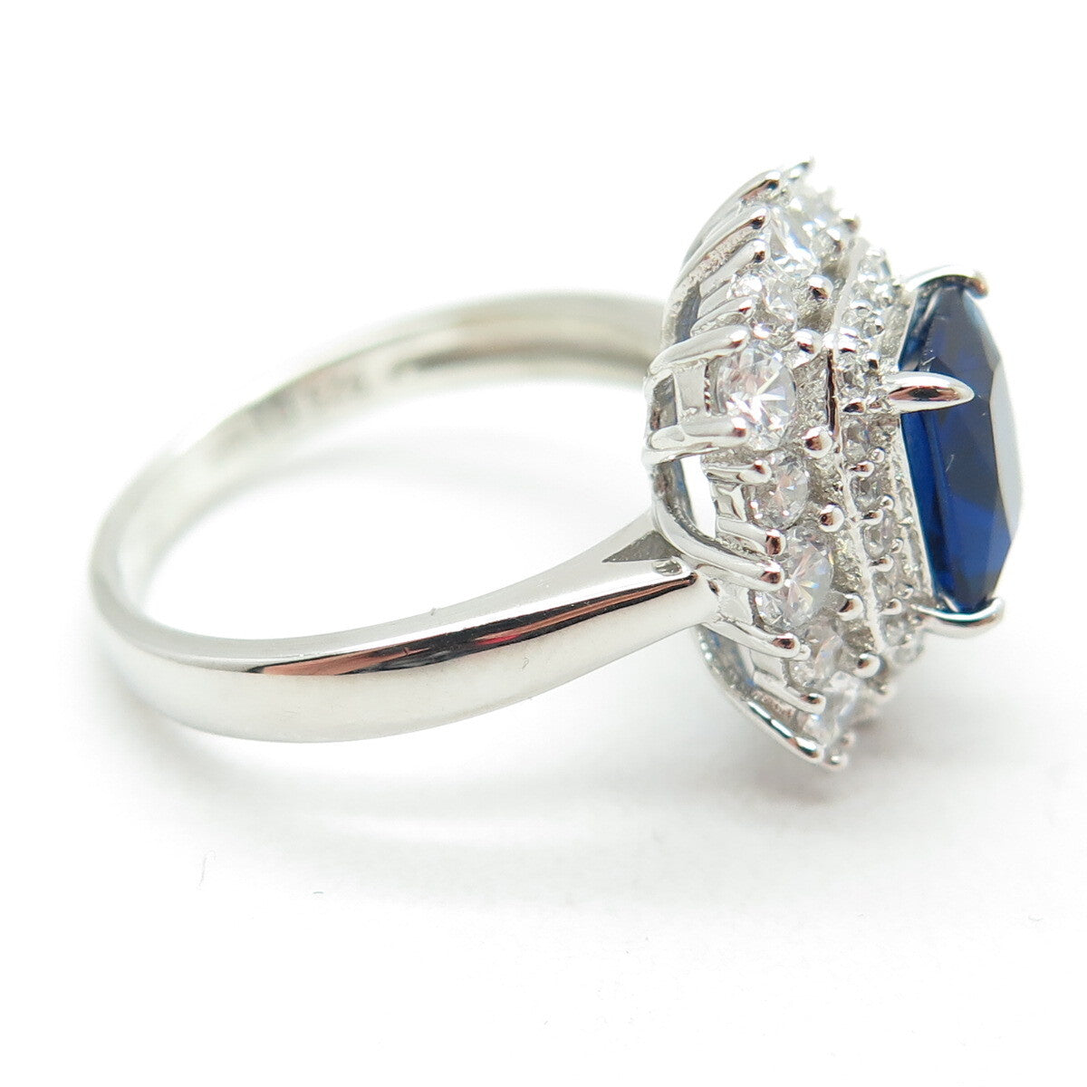 DSMK 925 Sterling Silver Radiant-Cut Nano Sapphire & Round-Cut C Z Ring Size 7
