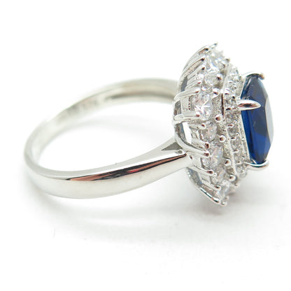 DSMK 925 Sterling Silver Radiant-Cut Nano Sapphire & Round-Cut C Z Ring Size 7