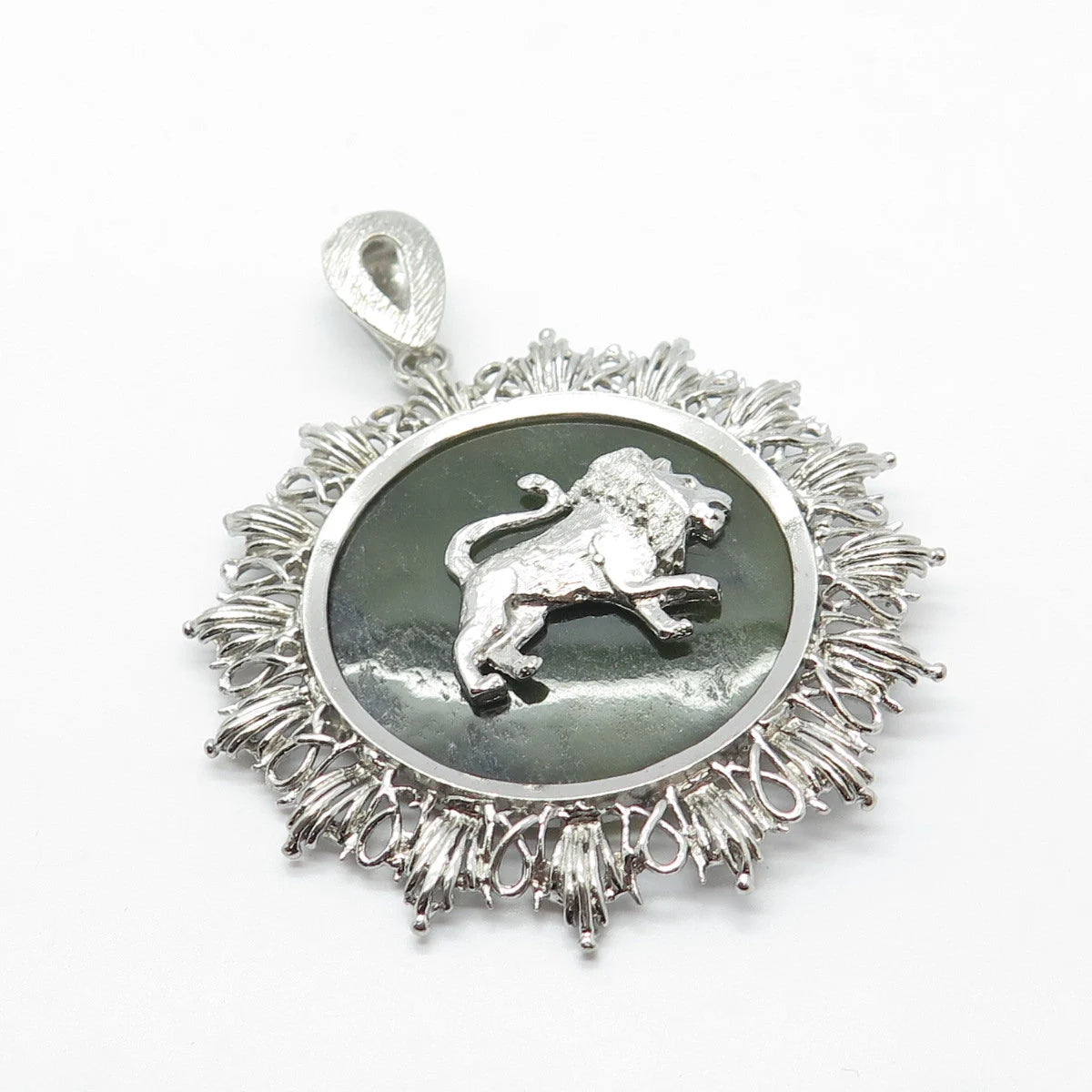 925 Sterling Silver Vintage Real Jade Gemstone Lion / Leo Zodiac Sign Pendant