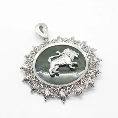 925 Sterling Silver Vintage Real Jade Gemstone Lion / Leo Zodiac Sign Pendant