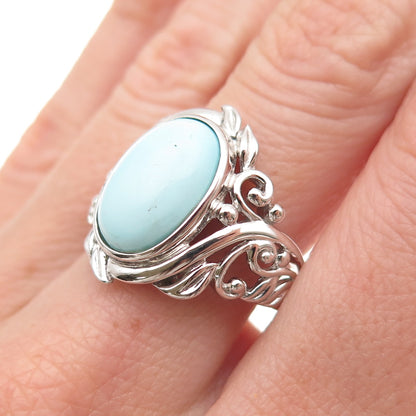 925 Sterling Silver Real Cabochon Tyrone Turquoise Floral Ring Size 8.25
