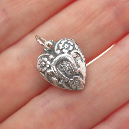 925 Sterling Silver Antique Floral Heart Oxidized Chatelaine Minimalist Pendant