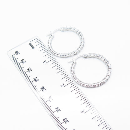 925 Sterling Silver C Z In and Out Round Hoop Earrings