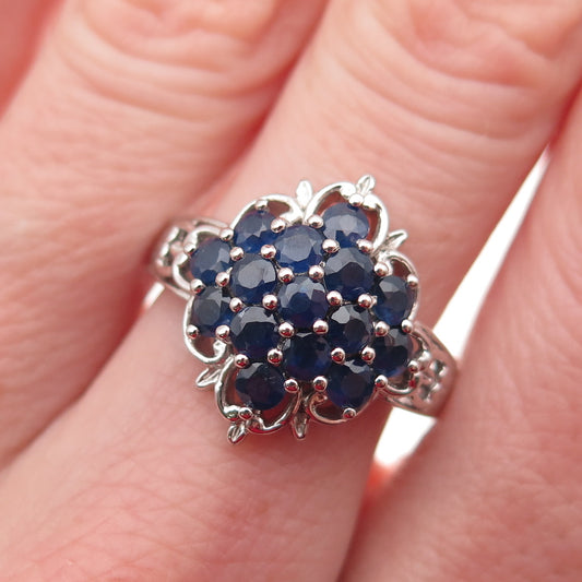Chuck Clemency Sterling Silver Real Round-Cut Sapphire Cluster Ring Size 7.25