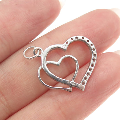 925 Sterling Silver Round-Cut C Z Double Heart Charm Pendant