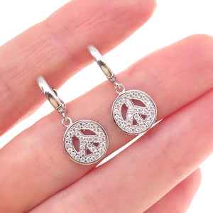 925 Sterling Silver Round-Cut C Z Peace Symbol Dangle Charm Hoop Earrings
