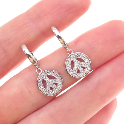 925 Sterling Silver Round-Cut C Z Peace Symbol Dangle Charm Hoop Earrings