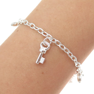 925 Sterling Silver Vintage Italy Heart Lock & Key Charms Oval Link Bracelet 7"