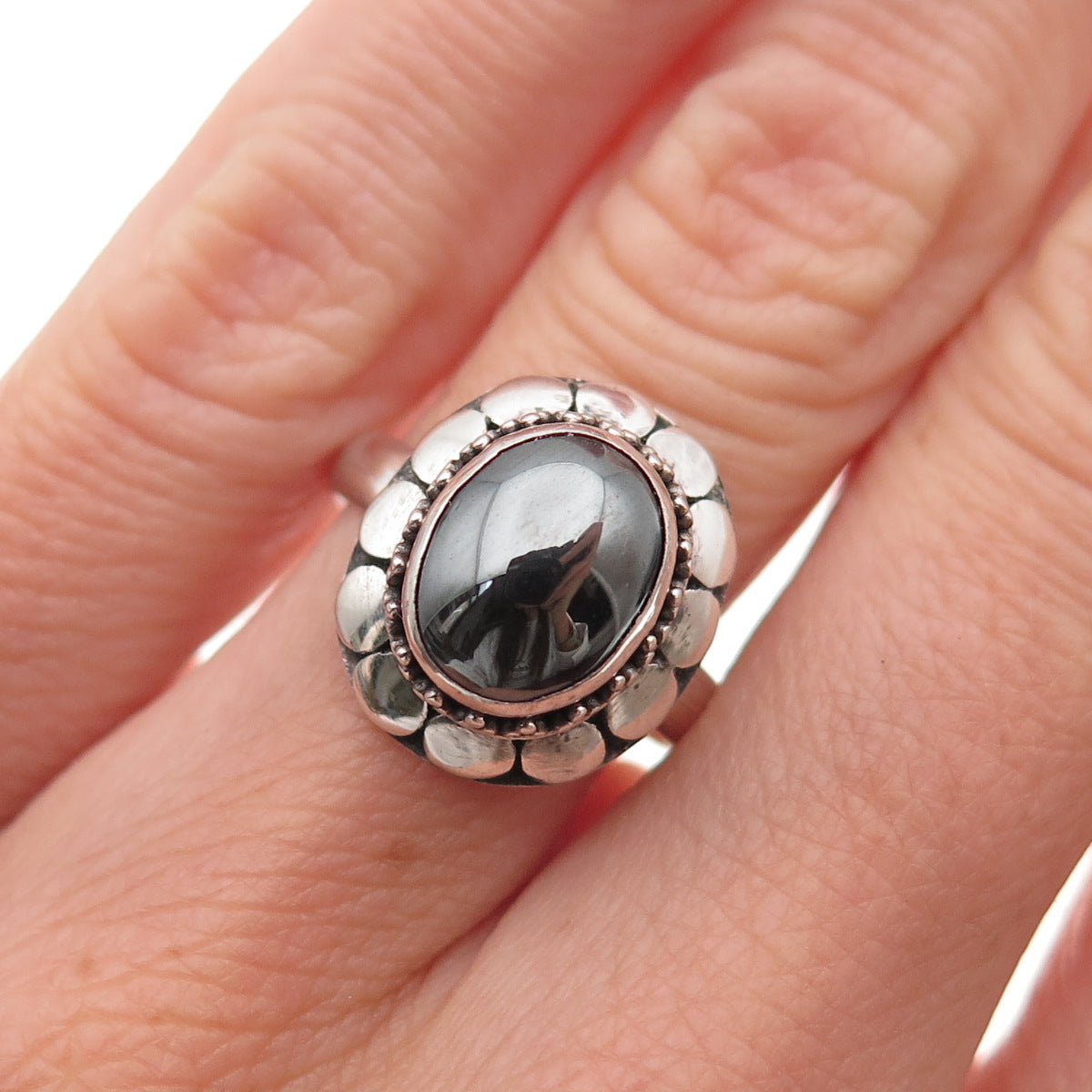 925 Sterling Silver Vintage Real Hematite Dotted Oxidized Ring Size 5.75