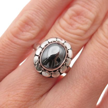 925 Sterling Silver Vintage Real Hematite Dotted Oxidized Ring Size 5.75