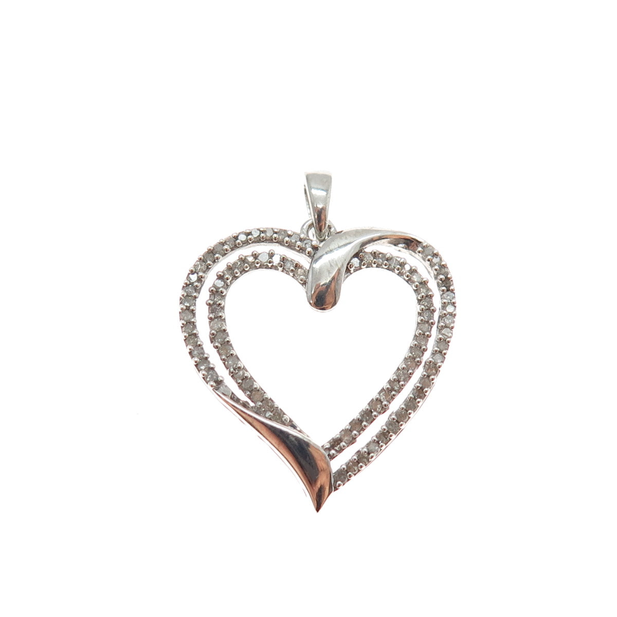 925 Sterling Silver Real Round-Cut Diamond Double Heart Charm Pendant