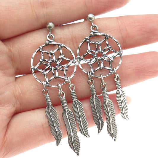 Old Pawn 925 Sterling Vintage Southwestern Dreamcatcher Tribal Dangle Earrings