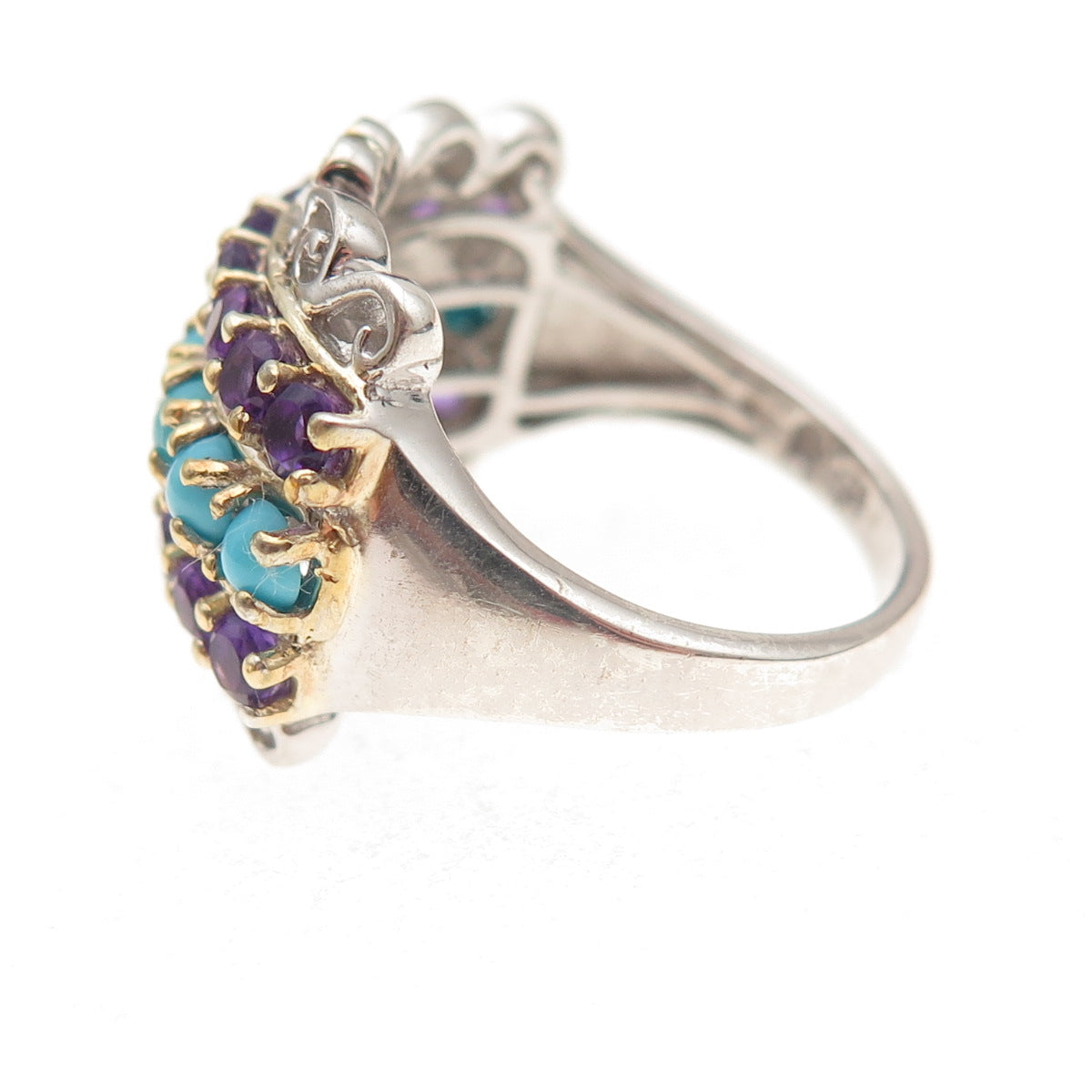 Chuck Clemency 925 Sterling Silver 2-Tone Real Turquoise Amethyst Ring Size 7.25