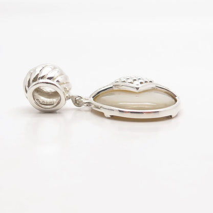 925 Sterling Silver Vintage Real Mother-of-Pearl Beaded Oval Dangling Charm