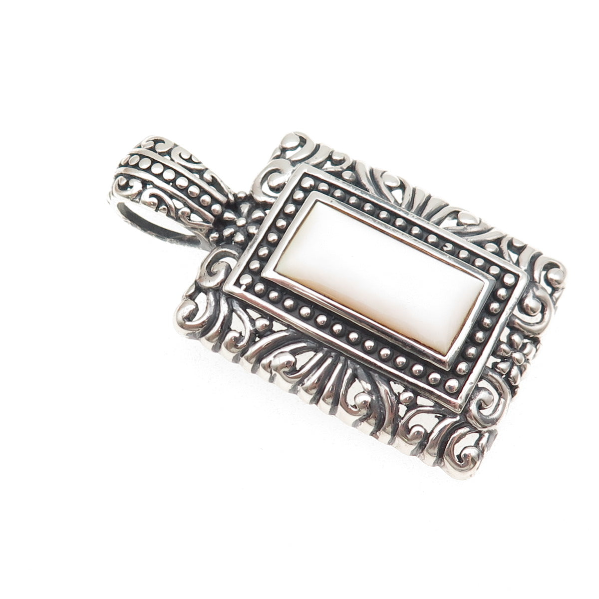 Ken Crafts 925 Sterling Silver Vintage Real MOP Floral Oxidized Pendant