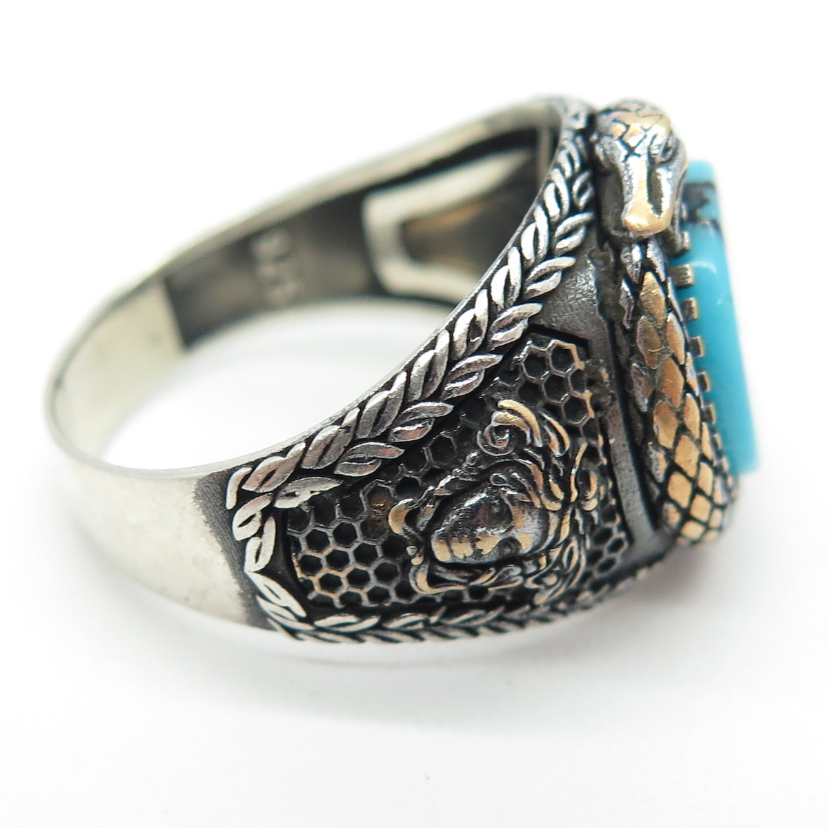 925 Sterling Silver 2-Tone Vintage Synthetic Turquoise Snake Ring Size 11.75