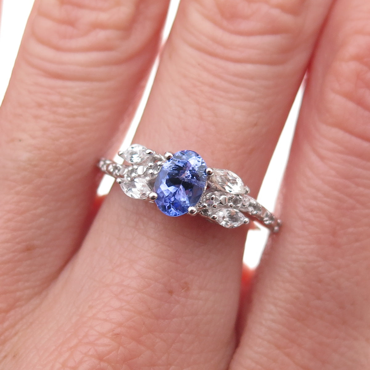 925 Sterling Silver Real Tanzanite & White Topaz Ring Size 8