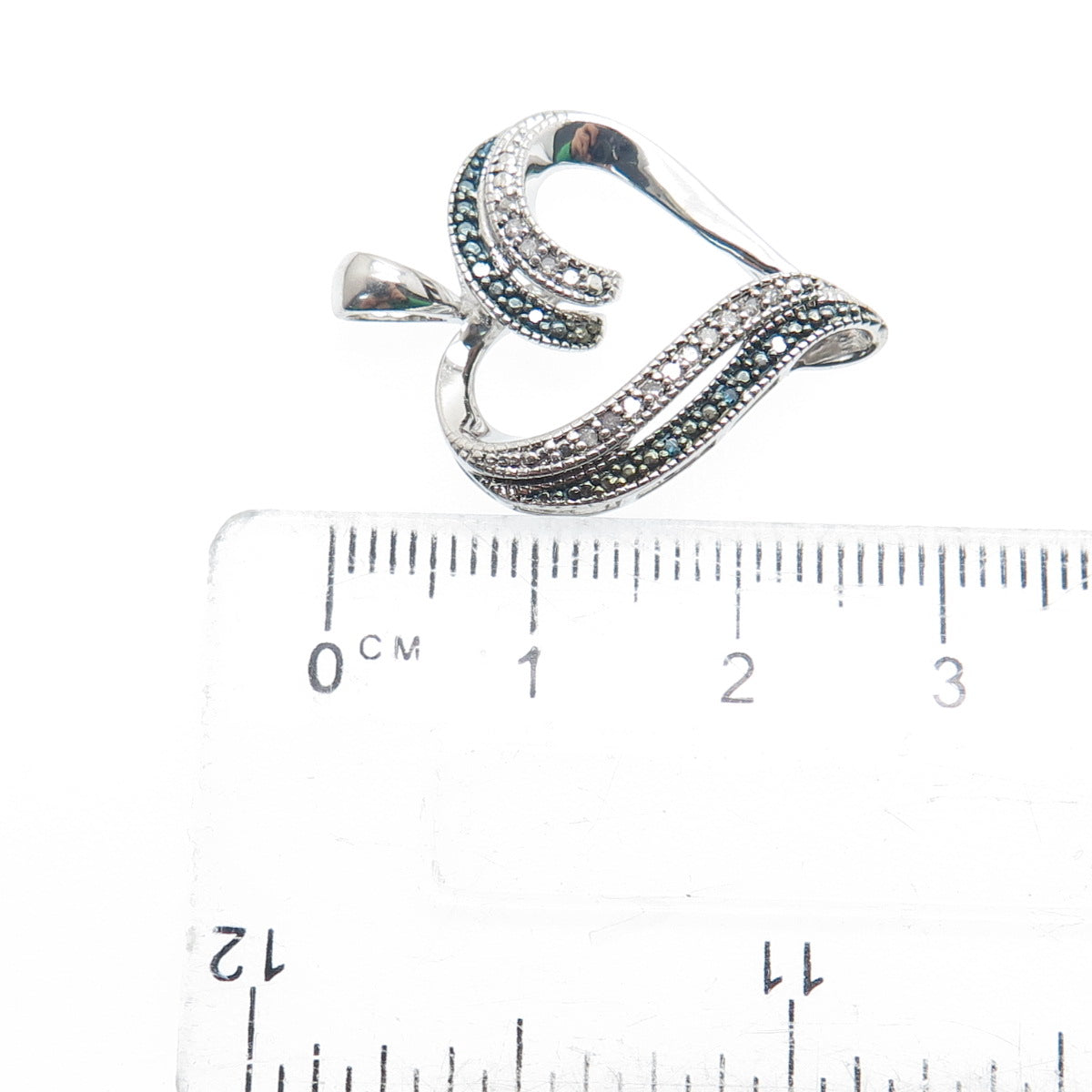 SUN 925 Sterling Silver Real Round-Cut White & Blue Diamond Heart Pendant