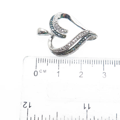 SUN 925 Sterling Silver Real Round-Cut White & Blue Diamond Heart Pendant