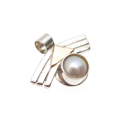 925 Sterling Silver 18K Gold Vintage Real Pearl Modernist Charm Pendant