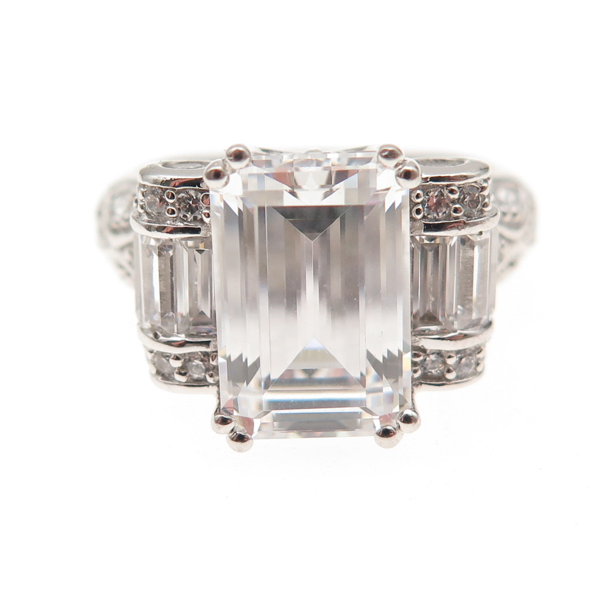 925 Sterling Silver Round & Emerald-Cut C Z Engagement Ring Size 8