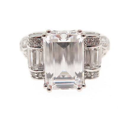 925 Sterling Silver Round & Emerald-Cut C Z Engagement Ring Size 8