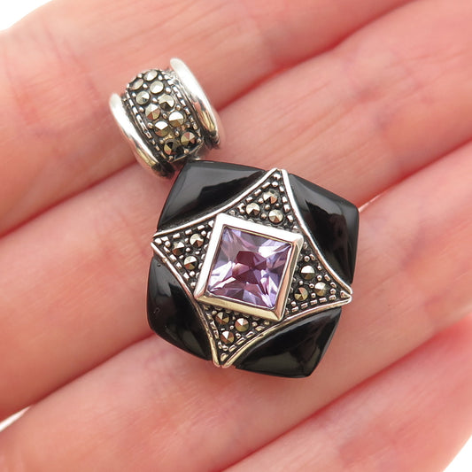 Chapal Zenray Sterling Silver Vintage Real Amethyst Black Onyx Marcasite Pendant