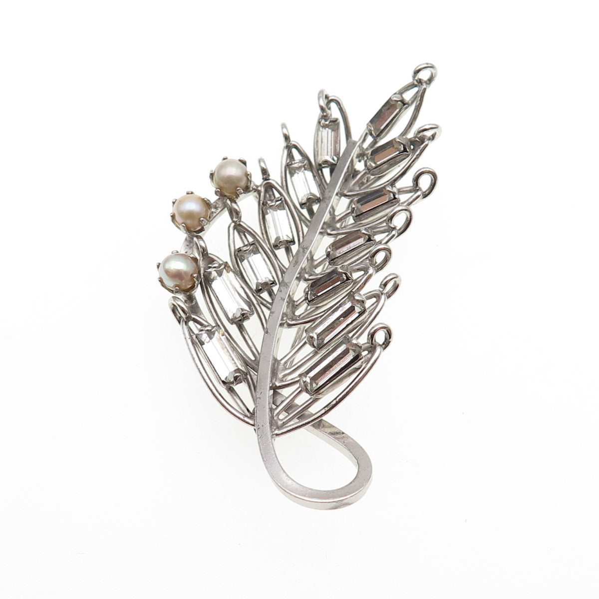 925 Sterling Antique Art Deco Rhinestone Real Pearl Floral Pin Brooch / Pendant